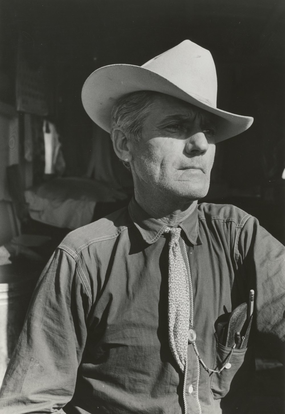 grayscale photography of man wearing cowboy hat and button-up long-sleeved shirt