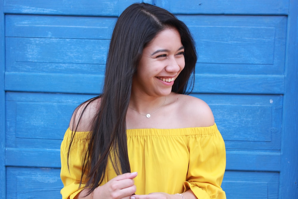 women's yellow off-shoulder top