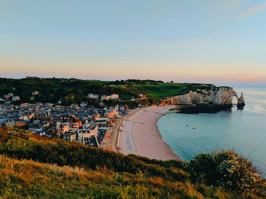 The village and the beach between the cliffs — Étretat, France