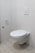 A modern, minimalistic bathroom featuring a wall-mounted toilet with a flush panel above it. The walls and floor are covered with light-colored tiles, and there is a toilet paper holder on the wall.