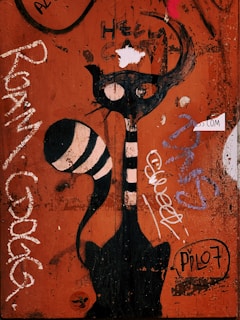 A mural on a wooden surface features a stylized black cat with large eyes and a long striped tail. The background is predominantly orange with various graffiti, text, and markings in different colors including white, purple, and black. The words 'HELLO CAT' are written above the cat, and the word 'SWEET' is written beside it.