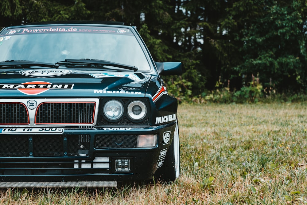 Voiture de rallye Skoda noire garée sur une pelouse verte