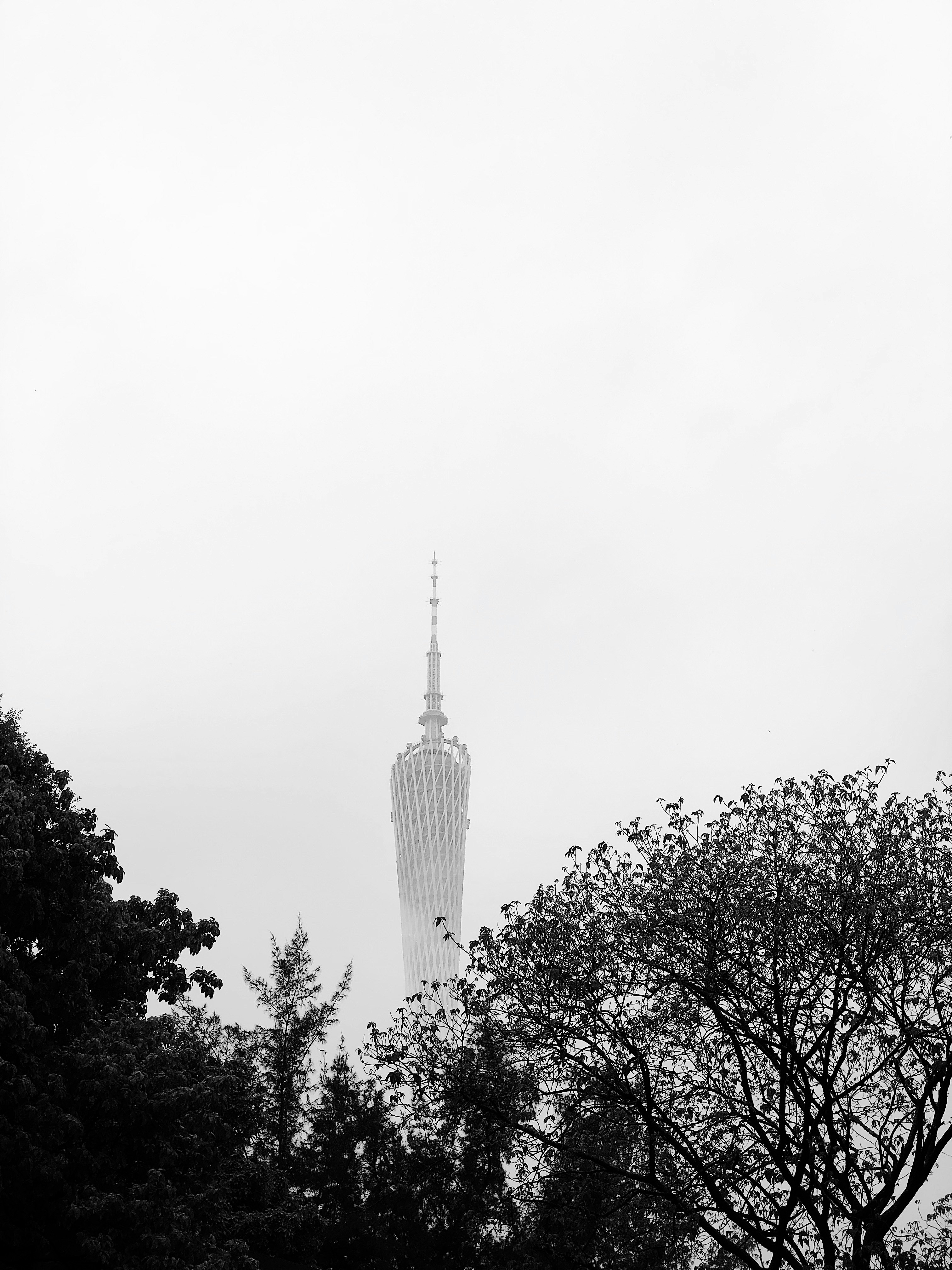 white tower in foggy day