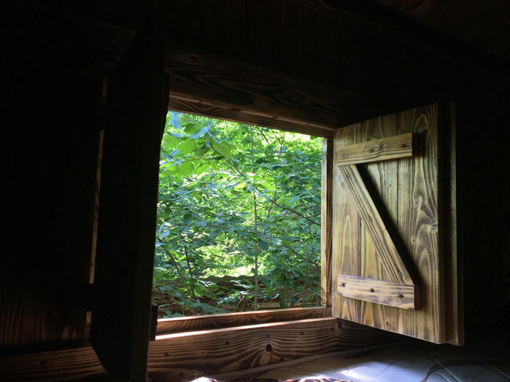 ventana de madera marrón abierta frente a los árboles