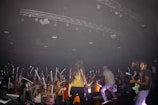 A band is performing on stage in front of an energetic crowd. The audience is holding colorful glow sticks and cheering. The stage is equipped with lighting and sound equipment, and the band members are engaged in their performance with instruments like a guitar.