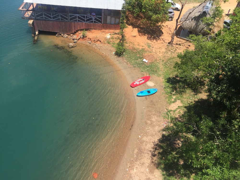 two blue and red boats on seashore