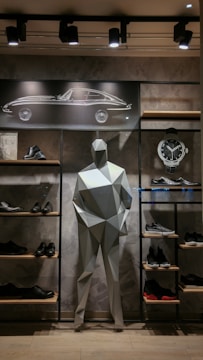 A retail display with a geometric humanoid sculpture in the center, surrounded by shelves holding various pairs of shoes in black and gray tones. Above the sculpture, there is an illuminated black-and-white drawing of a vintage car, and to the right, a large wristwatch is displayed on the wall.