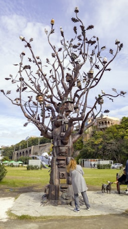 A large, artistic tree sculpture stands in an open park area. The metallic tree is adorned with numerous birdhouses and features intricate designs on its trunk. A person in a gray coat is observing the sculpture closely, while a dog is nearby. The background shows a historic building and lush greenery under a partly cloudy sky.