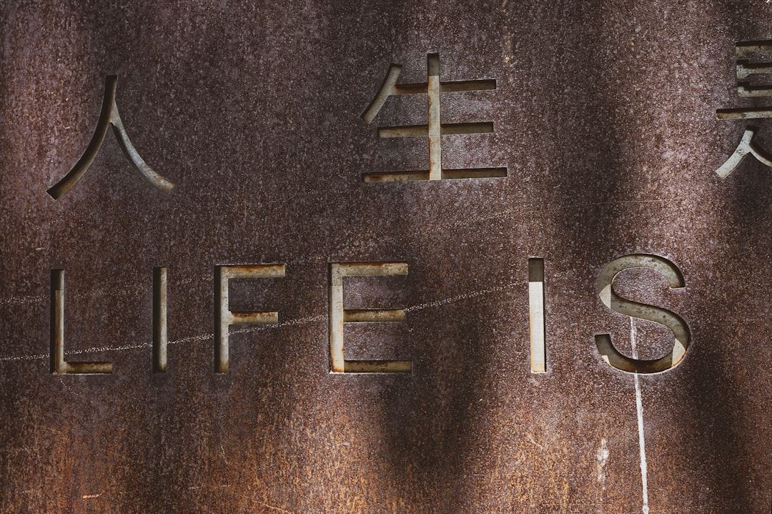 life is symbol, Inspiring Message Inscribed in metal at Public Park During Bright Sunny Day - A weathered metal surface features an inspirational message about life. The inscription combines English and chinese characters, conveying a universal truth. Sunlight casts gentle shadows, enhancing the texture of the stone and surrounding atmosphere of peace and contemplation in a community park.