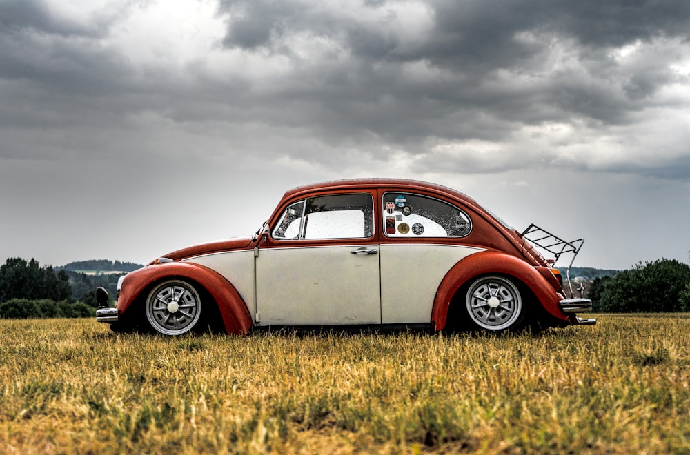 white and red Volkswagen Beetle hatchback