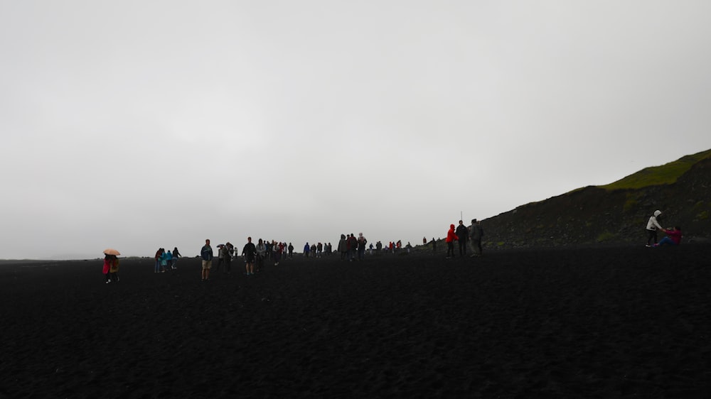 a group of people standing on top of a black sand beach