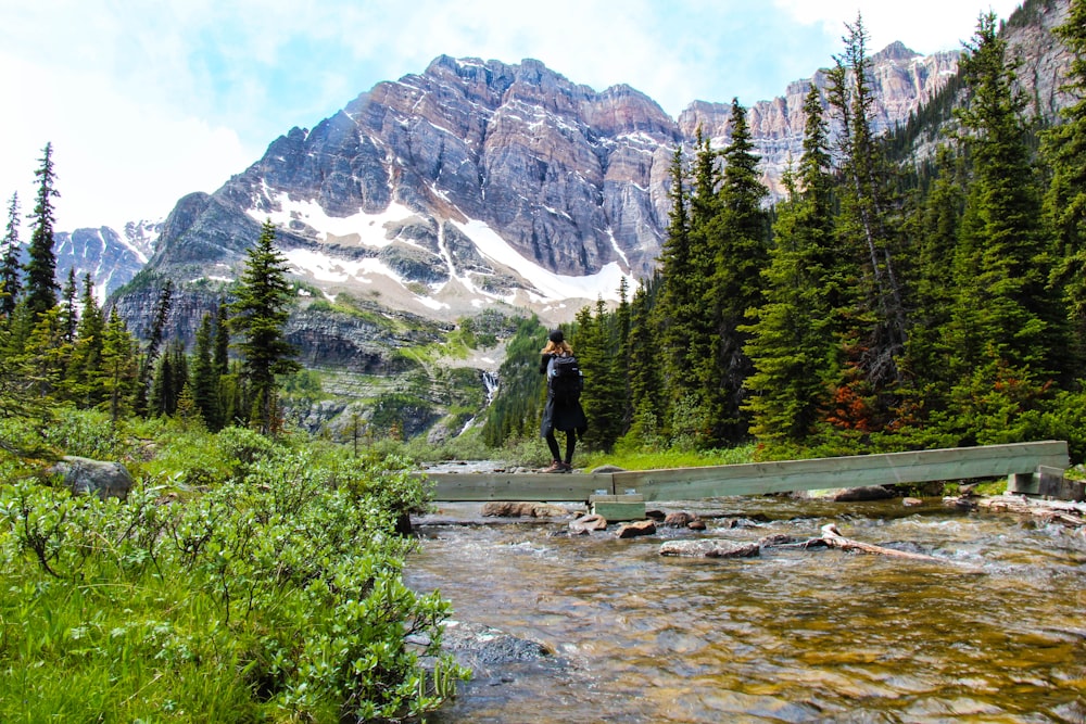 Person standing at base of mountain on bridge at Kootenay National Forest