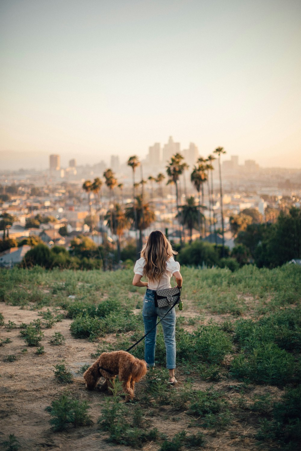 woman wearing white short-sleeved blouse and blue denim jeans standing beside dog