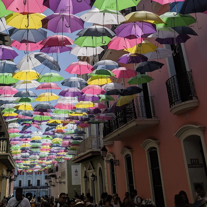 Colorful umbrella-covered street in Old San Juan, Puerto Rico