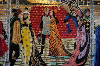 A vibrant mosaic blending British and Moroccan patterns with smiling community members in traditional attire.
