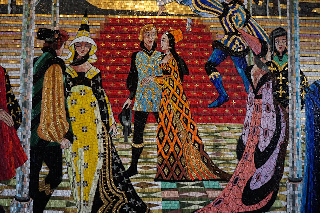 A vibrant mosaic blending British and Moroccan patterns with smiling community members in traditional attire.