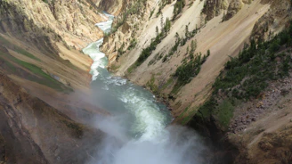 Mist rising from the Yellowstone River as it flows through the canyon at dawn.