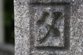 A close-up view of a textured stone surface, featuring an engraved character or symbol within a square border. The stone exhibits a speckled pattern with varying shades of gray and subtle hints of brown.