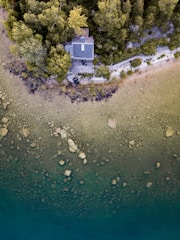An aerial view of a secluded house nestled among dense greenery at the edge of a body of water. The shoreline is rocky and transitions from earthy tones near the house to a deep blue-green as it meets the water. A path can be seen leading to the house, surrounded by tall trees.