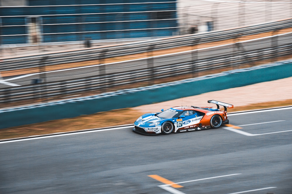 blue and white racing car