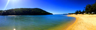 A vibrant Brazilian beach with clear blue water and golden sand under a sunny sky.