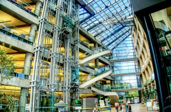 low-angle photography of different floors in mall