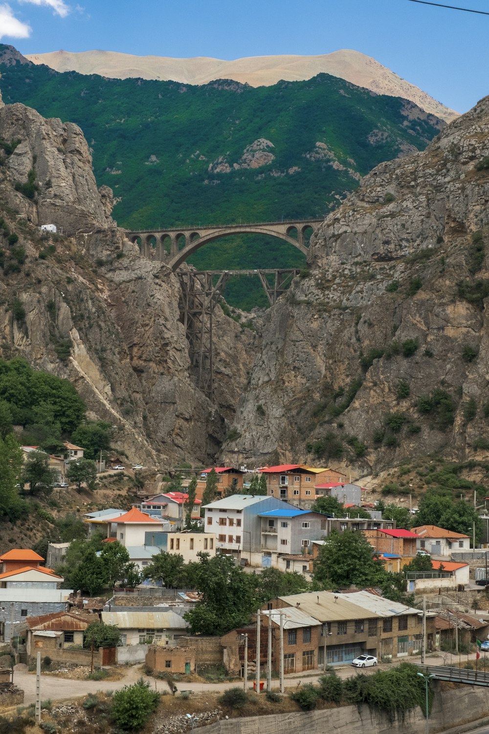 aerial photography of buildings between mountains