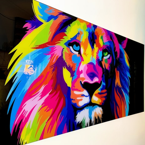 A vibrant acrylic painting of a lion walking through a sunlit forest path.