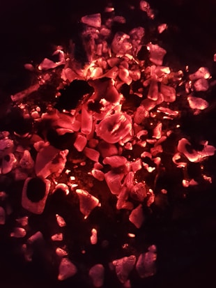 Glowing red embers scattered across a dark background, with various shapes and sizes of charred pieces. The intense heat from the embers emits a vibrant red and orange glow, providing warmth and light amidst the darkness.