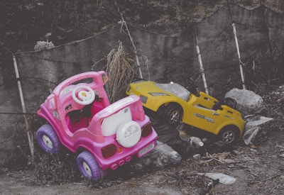Two small, colorful toy cars, one pink and one yellow, are positioned against a rustic, natural backdrop. The pink car is on the left, while the yellow one is on the right, both appearing slightly weathered and placed in an outdoor setting with rough terrain and a makeshift barrier of wire and plants.