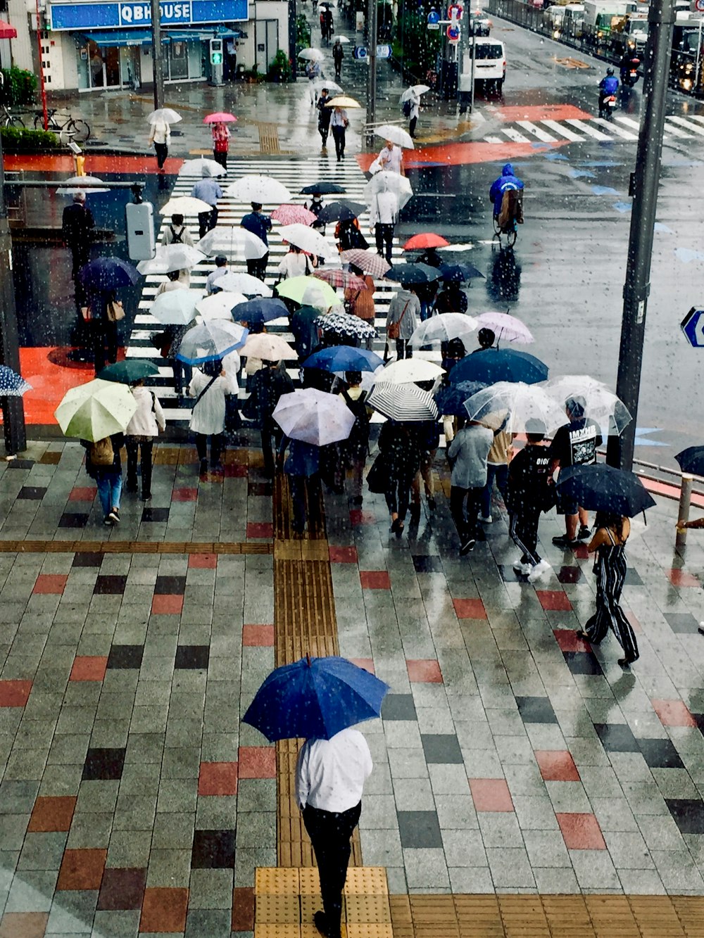 people with umbrellas crossing streets during rainy day