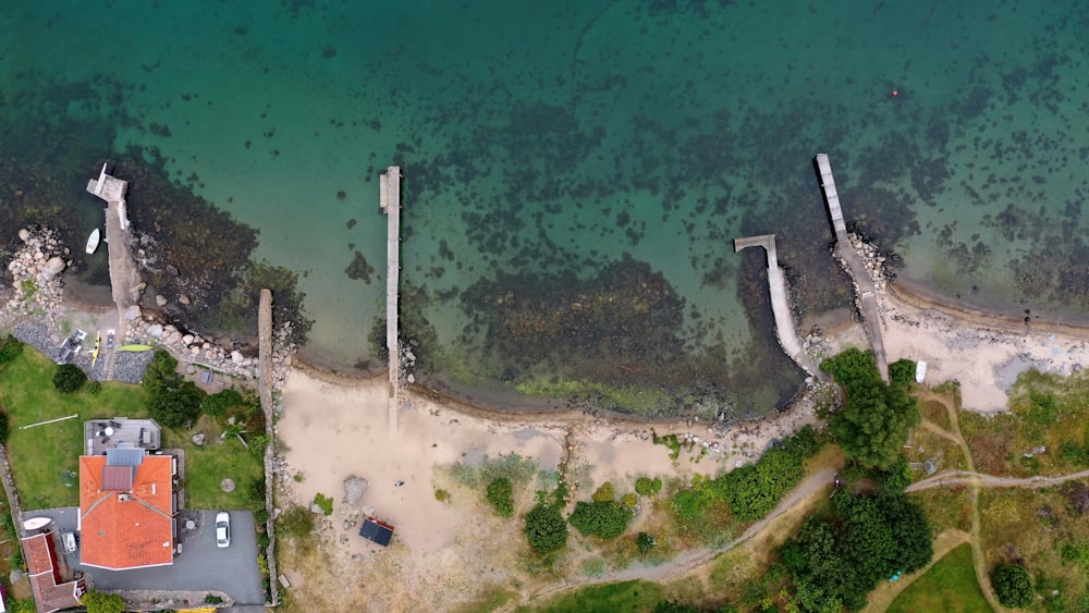 bird's-eye view of docks during daytime