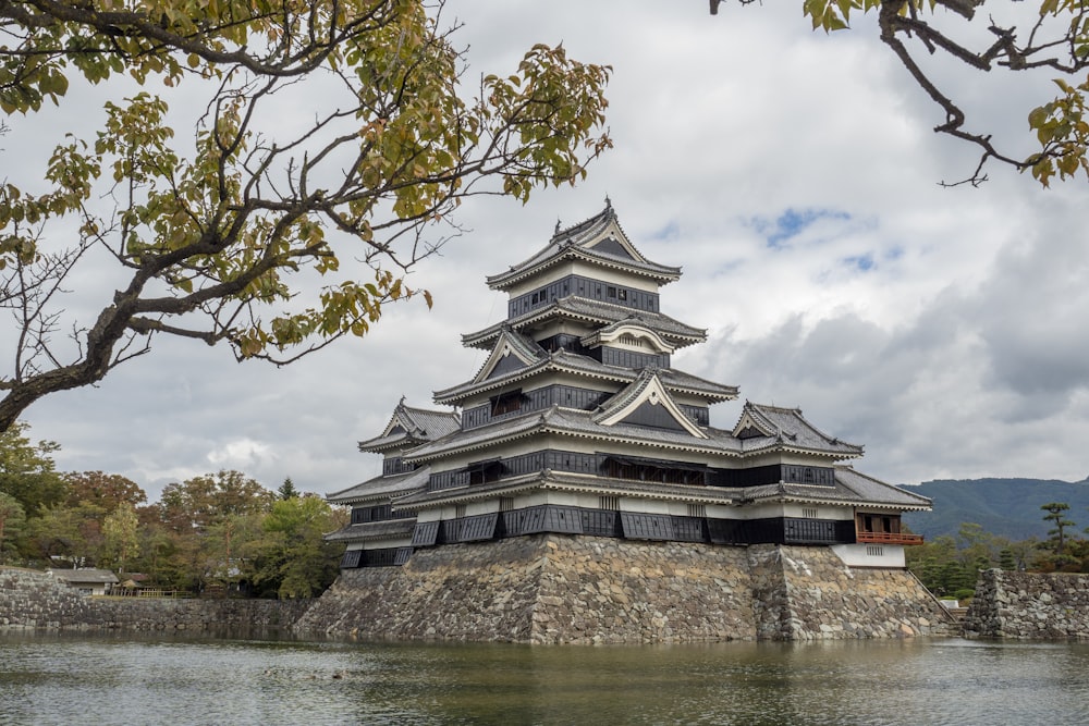 gray and black concrete building near body of water