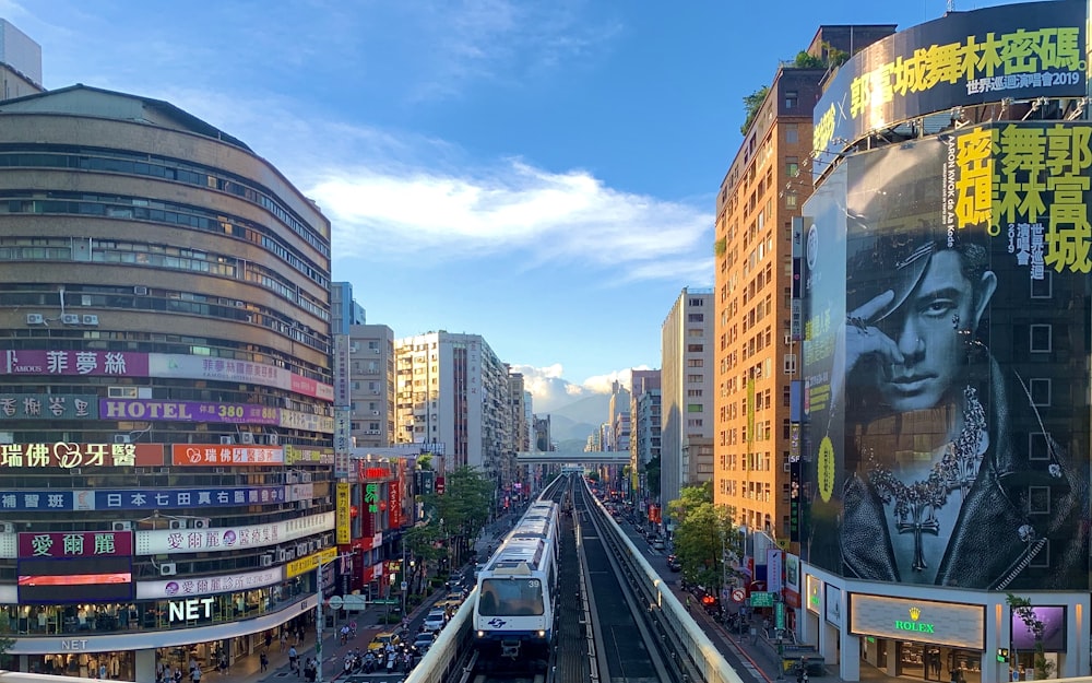 tram in between buildings