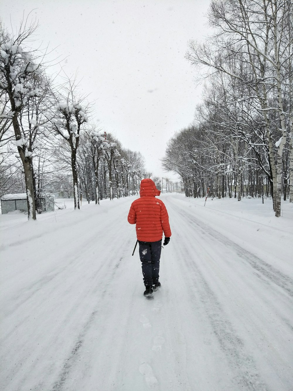 persona in felpa con cappuccio a bolle rosse che cammina sulla neve