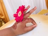 A hand adorned with intricate mehndi designs holds a vibrant pink daisy between the fingers. The background features soft drapery and muted golden elements, creating a warm ambiance.