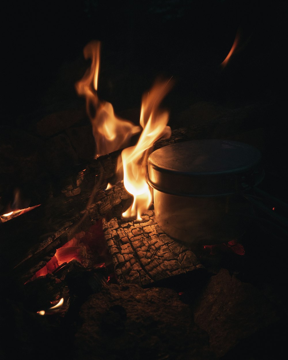 cooking pot beside fire