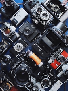Vintage cameras arranged neatly, showcasing both modern and antique models