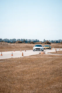 Two cars are driving on a paved track lined with orange traffic cones in a rural area. The background features trees and a clear sky, while the surrounding landscape consists of dry grass.