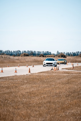 Two cars are driving on a paved track lined with orange traffic cones in a rural area. The background features trees and a clear sky, while the surrounding landscape consists of dry grass.