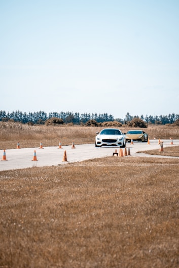 Two cars are driving on a paved track lined with orange traffic cones in a rural area. The background features trees and a clear sky, while the surrounding landscape consists of dry grass.