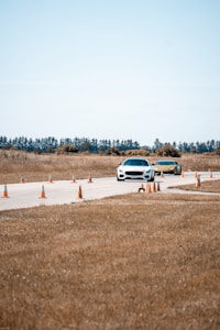 Two cars are driving on a paved track lined with orange traffic cones in a rural area. The background features trees and a clear sky, while the surrounding landscape consists of dry grass.