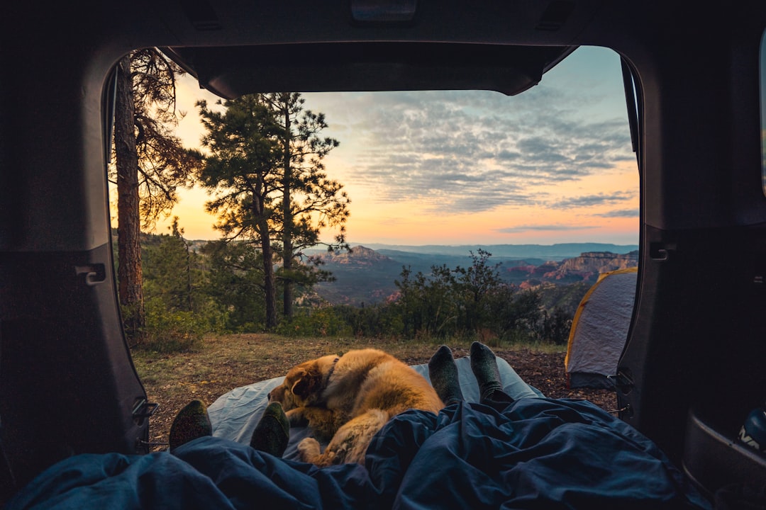 Enjoying sunrise while car camping over a cliff in Sedona, Arizona with girlfriend and dog.