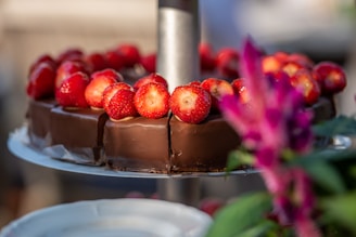 A chocolate cake topped with fresh strawberries sits on a white cake stand. The rich chocolate coating glistens in the light, while the strawberries add a pop of vibrant red color. In the foreground, there are blurred pink and green plants, adding a natural frame to the cake.