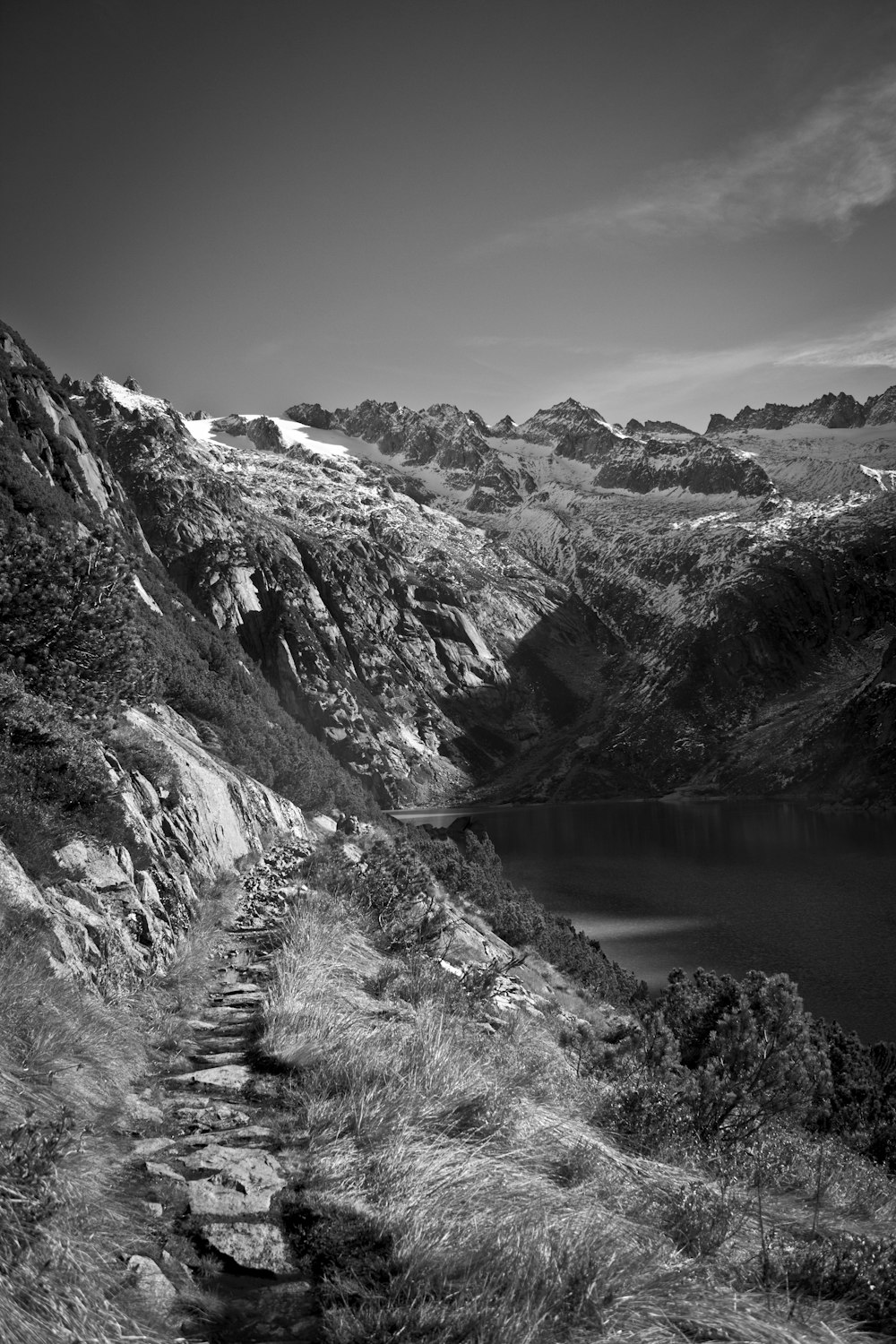 a black and white photo of a path leading to a lake