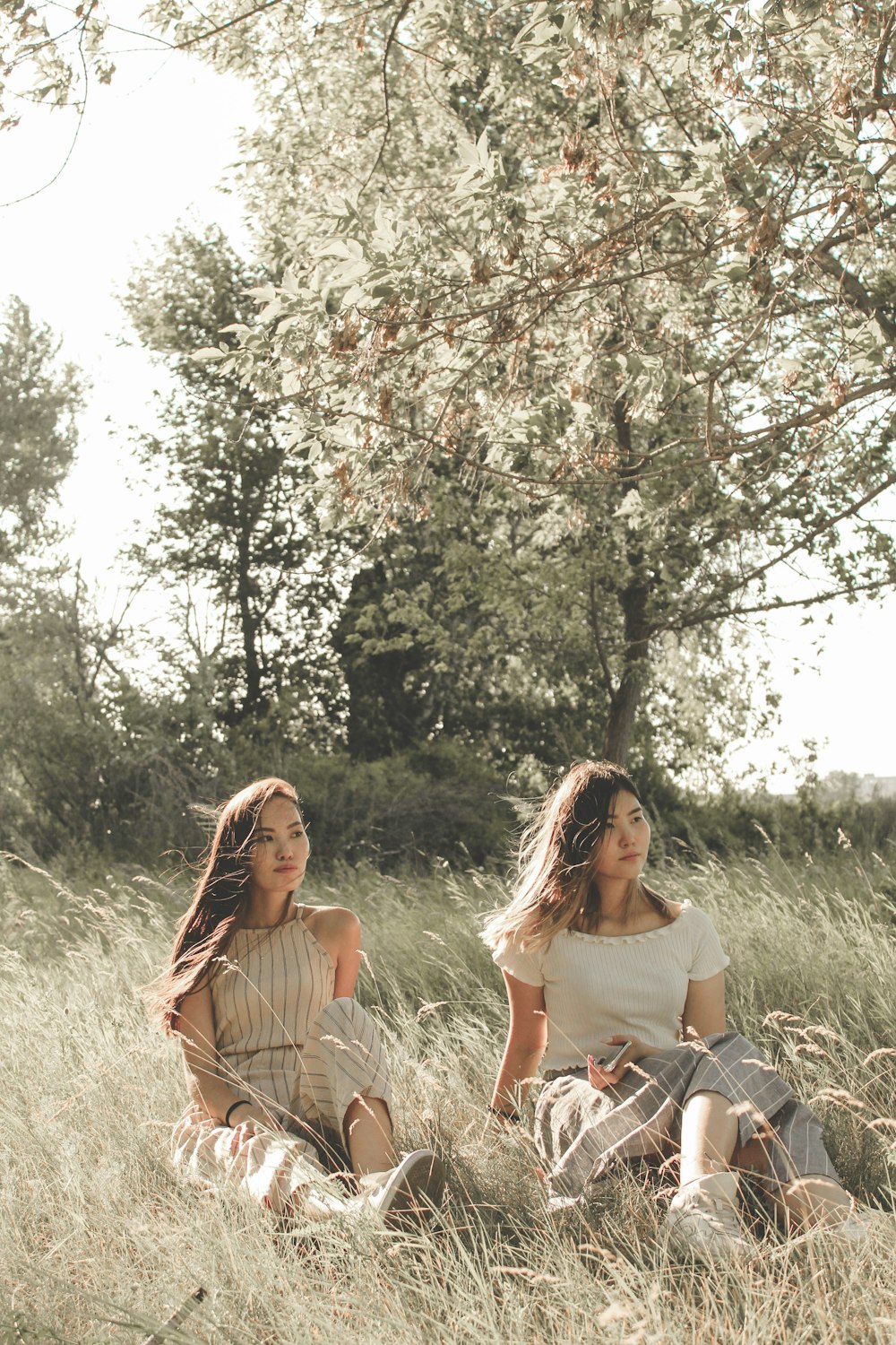 two women sitting on green grass field