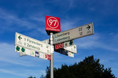 a street sign on a pole in front of a blue sky