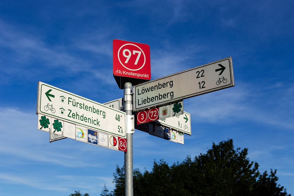 a street sign on a pole in front of a blue sky