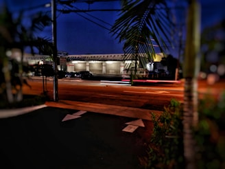 A street scene at night featuring a service garage with brightly lit interiors. Cars are parked outside, and the faint blur of car lights indicates motion. Foreground includes blurred palm leaves and a section of the road with arrow markings.