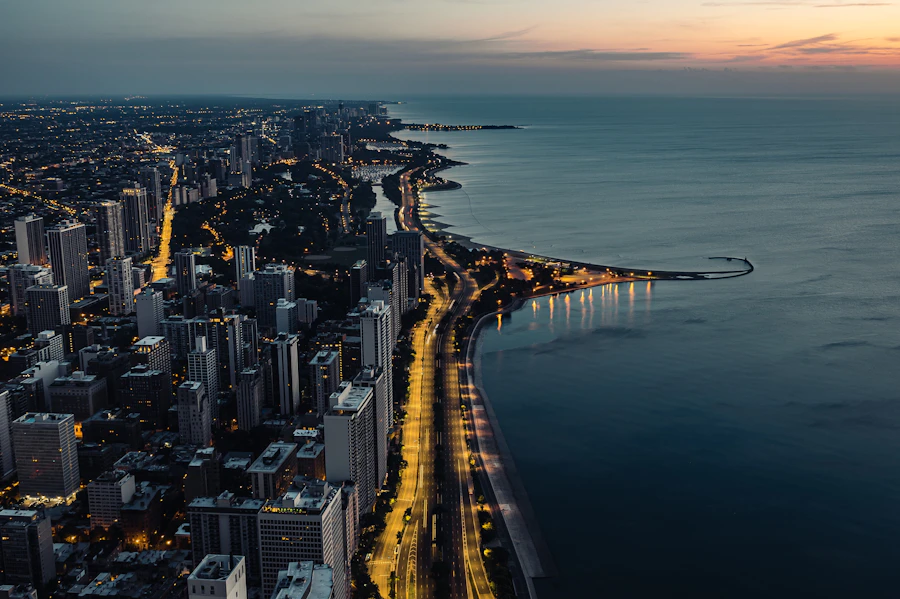 Chicago lakefront skyline at golden hour
